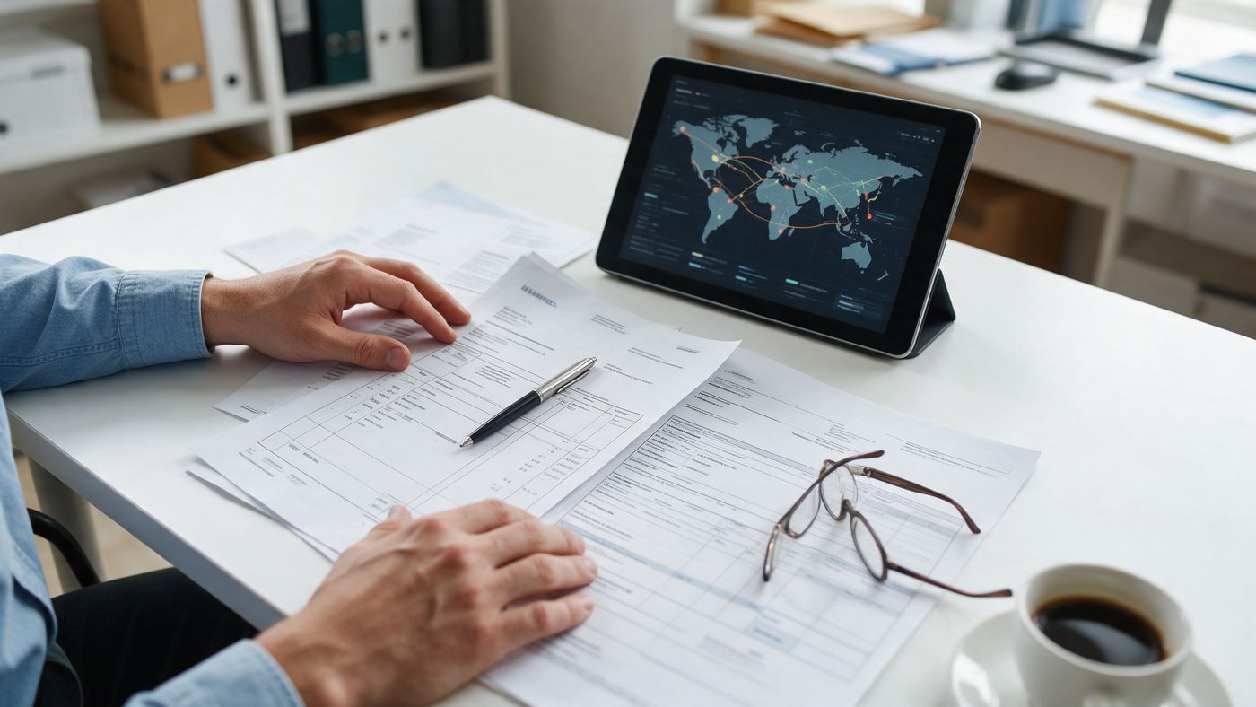 Manos revisando documentos de embarque junto a una tableta con un mapa de seguimiento