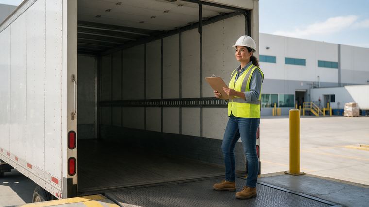 Gerente de logística con casco y chaleco revisa una caja vacía en el andén de una planta de manufactura